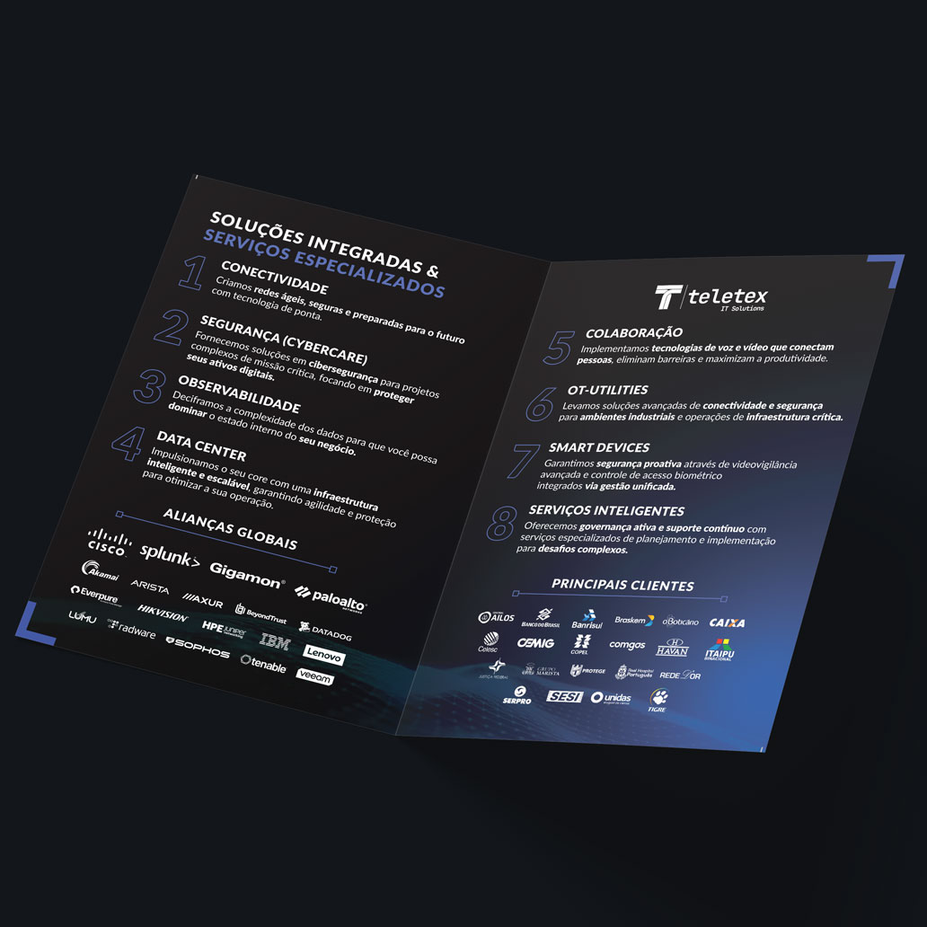 Teletex IT Solutions - folder institucional criado por Rafael Pereira - miolo com alianças globais e principais clientes