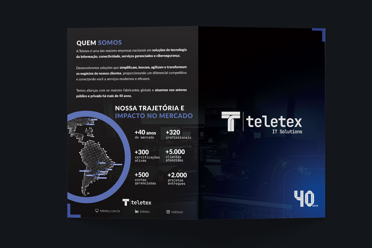 Teletex IT Solutions - folder institucional criado por Rafael Pereira - capa quem somos e trajetória
