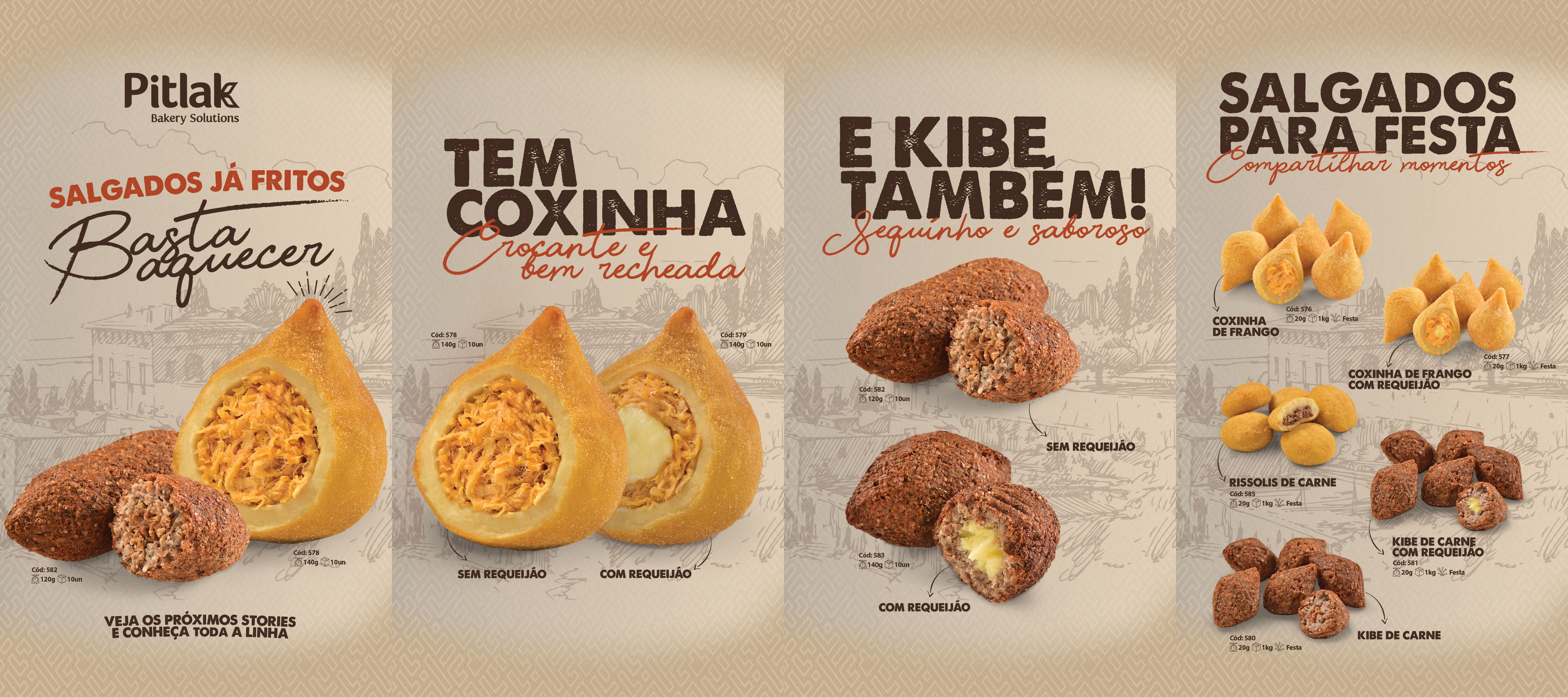Instagram story sequence about Pitlak's pre-fried snacks, featuring coxinha, kibe and rissoles