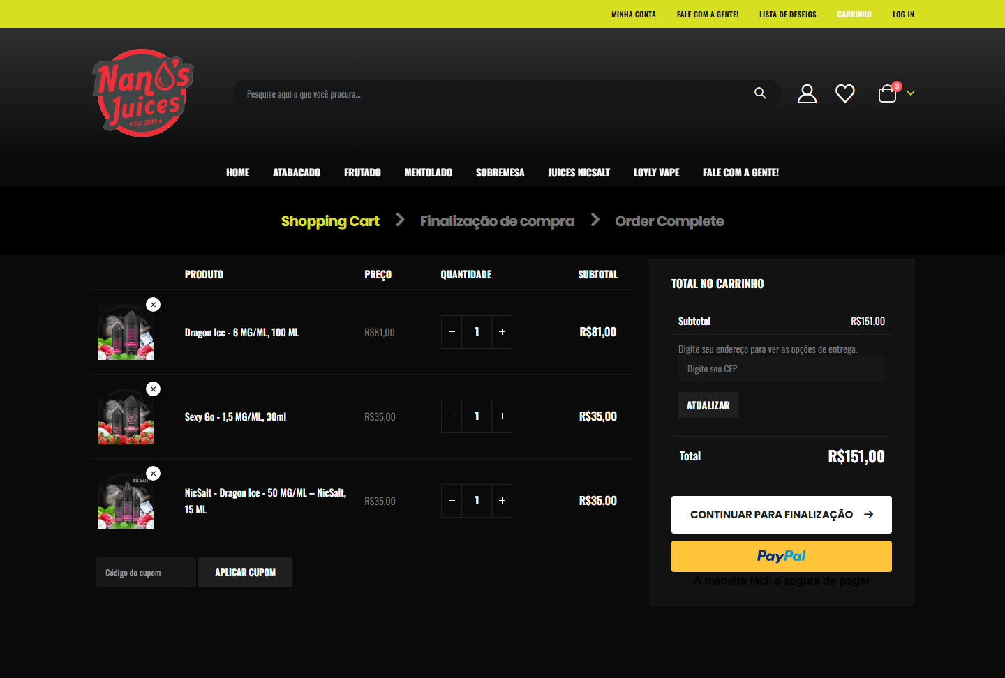 Nano's Juices shopping cart with three products added and a total of R$151.00, desktop version