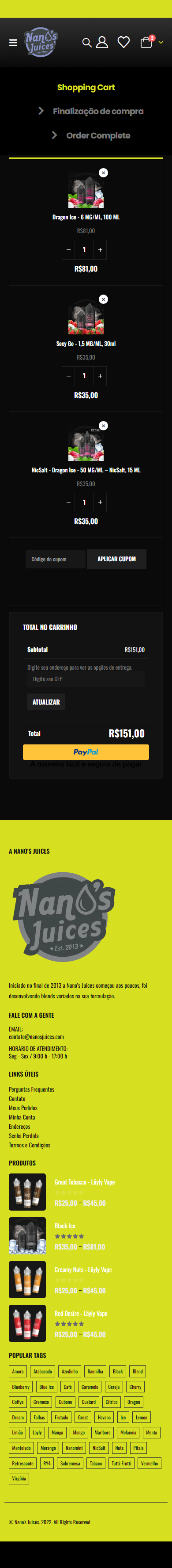 Nano's Juices shopping cart with three products added and a total of R$151.00, mobile version
