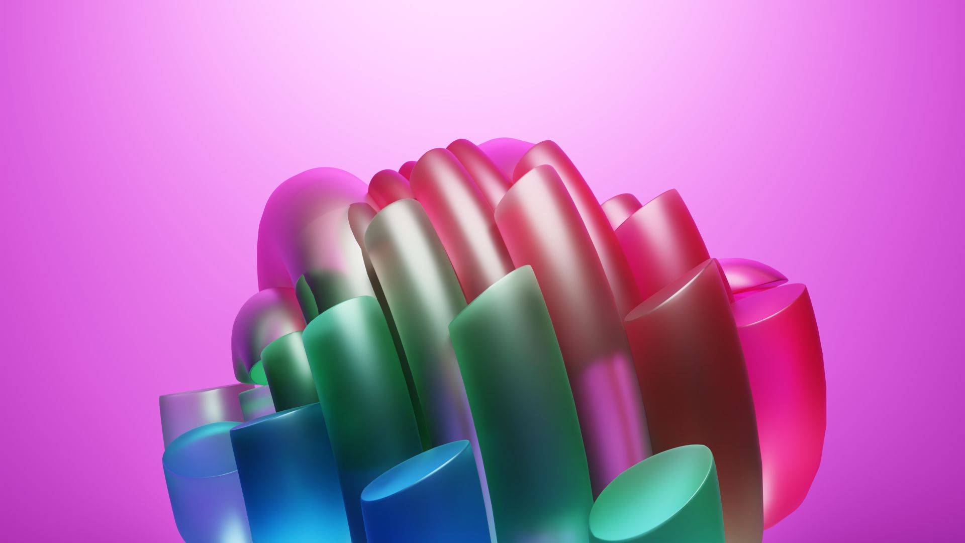 Colorful glossy 3D shapes in pink, green and blue tones on a magenta background, representing graphic design visual trends