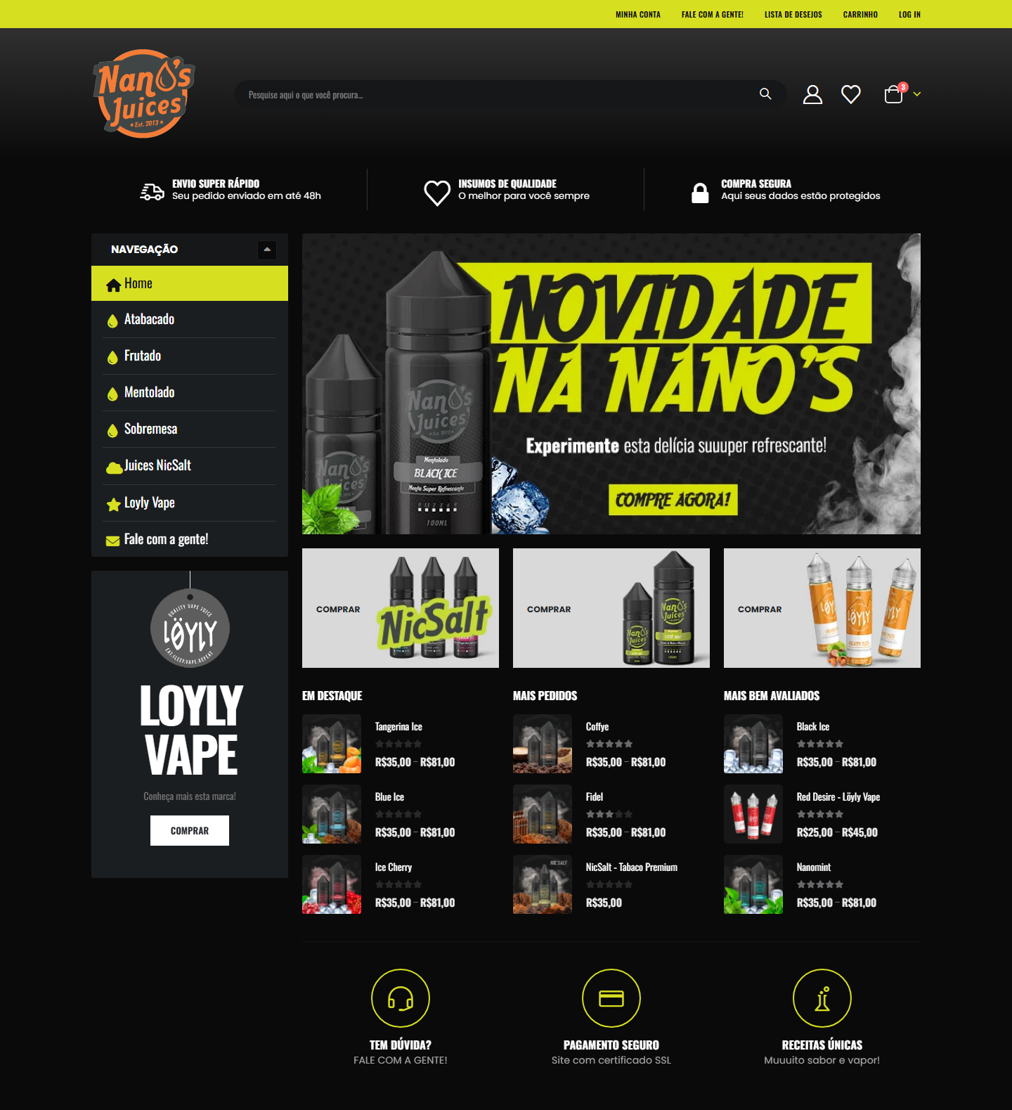 Nano's Juices online store homepage, showing the featured banner and product grid, desktop version