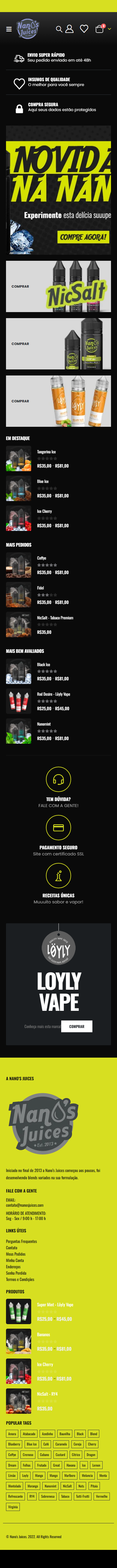 Nano's Juices online store homepage, showing the featured banner and product grid, mobile version