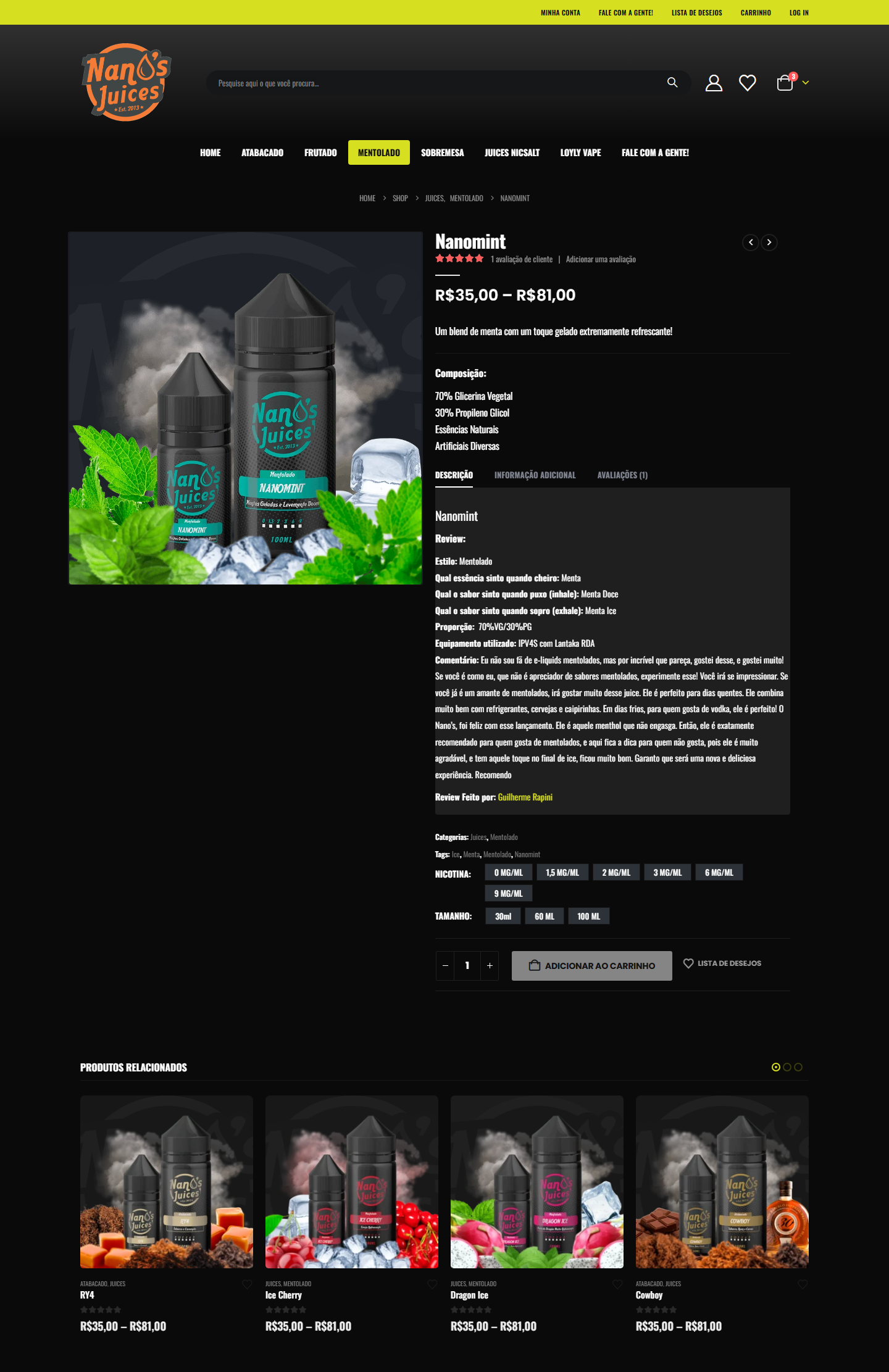 Nanomint product page on the Nano's Juices store, with description and nicotine/size options, desktop version