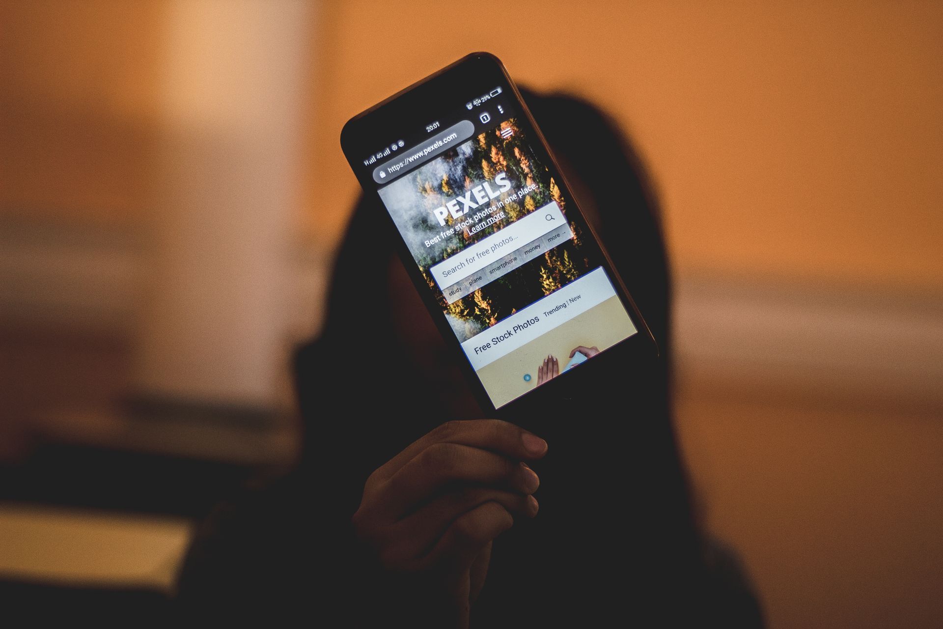 Person holding a smartphone and browsing a website in the phone browser